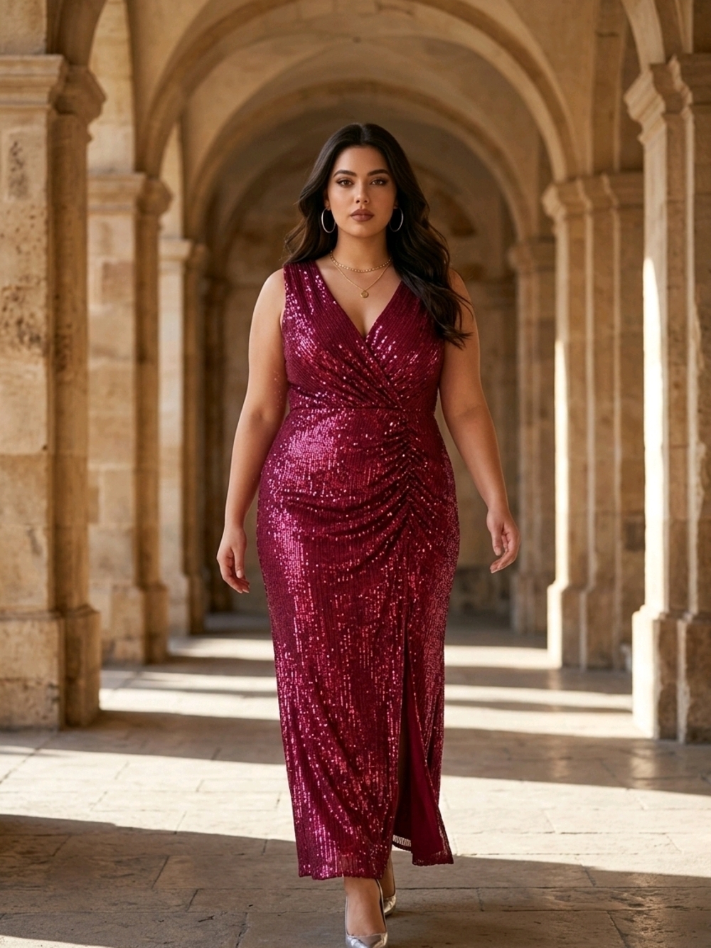 Plus-Size Sequin Wrap Maxi Dress in Wine